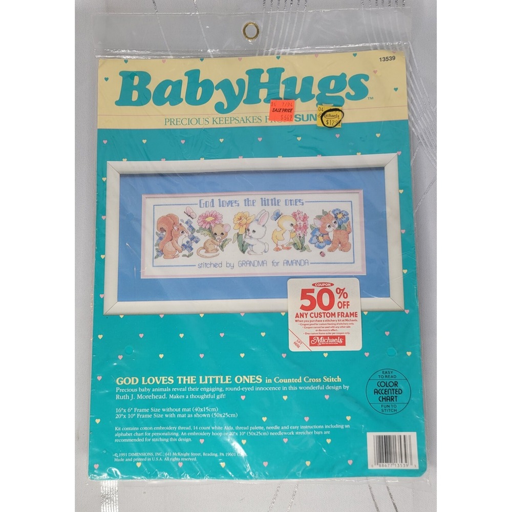 Vintage 1991 Dimensions Baby Hugs Cross Stitch Kit God Loves Little Ones New